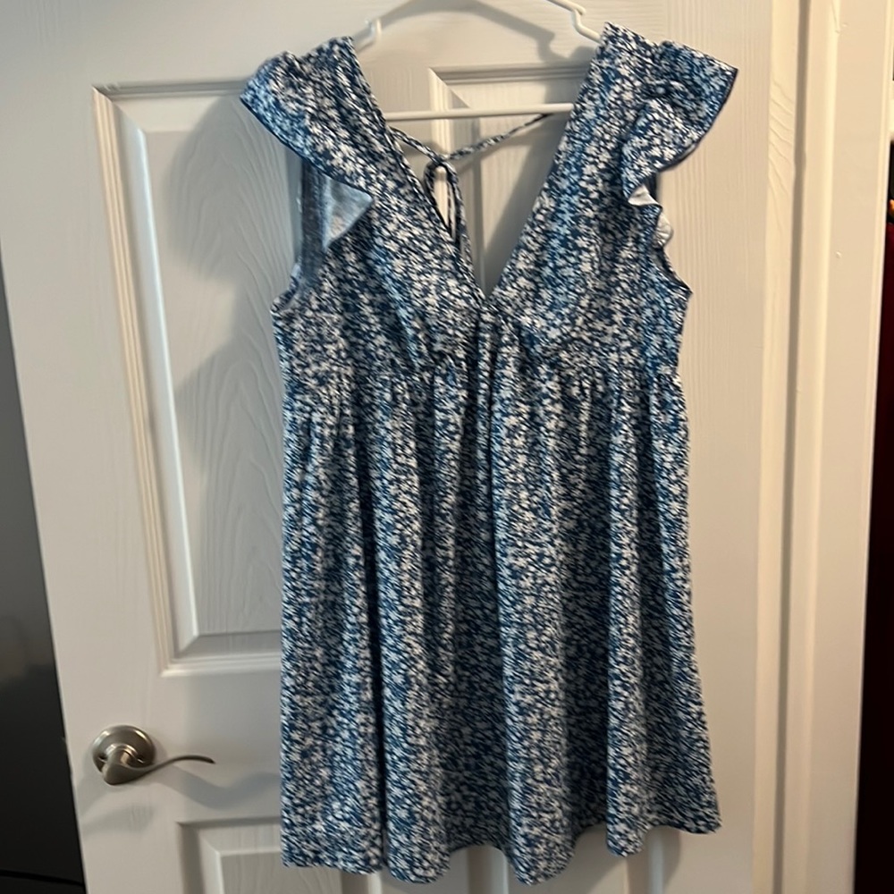 blue and white floral empire waist dress with tie back